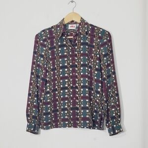Vintage 90s Geometric Waven Basket Print Button Blouse Lightweight Shoulder Pads